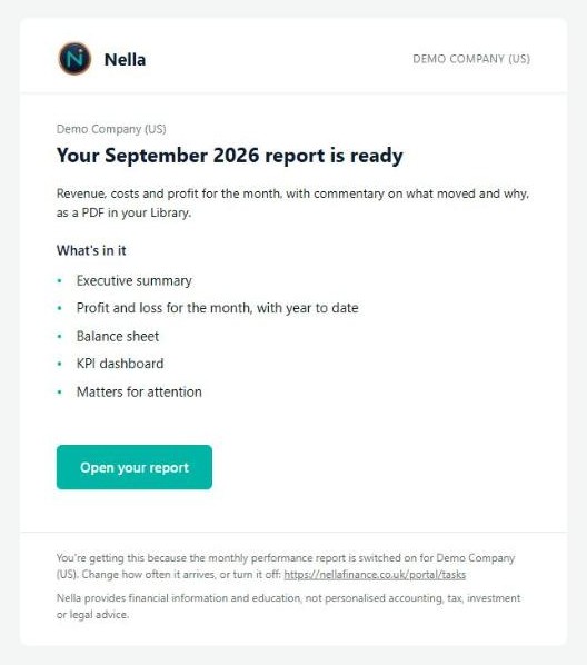 The Your September 2026 report is ready email, listing what is in the pack, with an Open your report button
