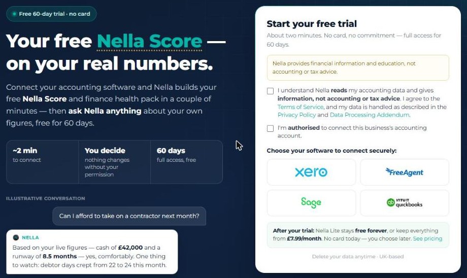 The Start your free trial page, with the two tick boxes and the Xero, FreeAgent, Sage and QuickBooks buttons