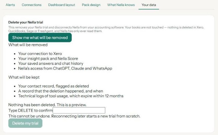Settings, Your data: Delete your Nella trial, with the preview of what will be removed and what will be kept